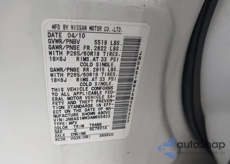 2010 Infiniti Fx35 z USA, uszkodzony, nr VIN JN8AS1MW3AM855423